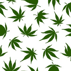 Seamless pattern of green cannabis leaves on a white background. Green hemp leaves.Vector illustration.marijuana pattern