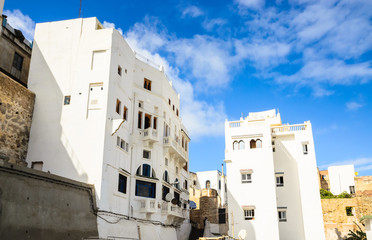 Fototapeta premium Beautiful cozy street in old medina of city Tangier, Morocco