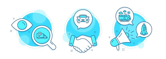 Rocket, Bus travel and Car line icons set. Handshake deal, research and promotion complex icons. Truck parking sign. Spaceship, Transport, Free park. Transportation set. Vector