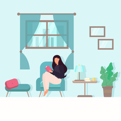 The girl is sitting in a chair and reading a book. Flat cartoon style. Vector. The concept of staying at home.
