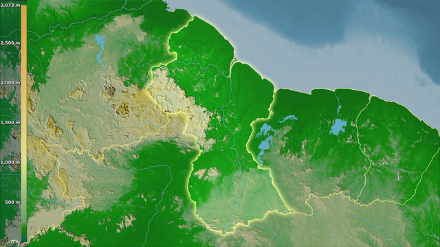 Guyana, topographic physical - light glow
