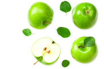 green apples with slices and green leaves isolated on white background. top view