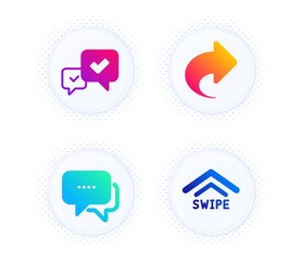 Share, Approve and Message icons simple set. Button with halftone dots. Swipe up sign. Link, Accepted message, Chat bubble. Scrolling arrow. Business set. Gradient flat share icon. Vector
