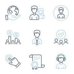 Touchscreen gesture, Person and Ab testing line icons set. Diploma certificate, save planet, group of people. Businessman, Teamwork and Consultant signs. Click hand, Edit profile, Test chart. Vector