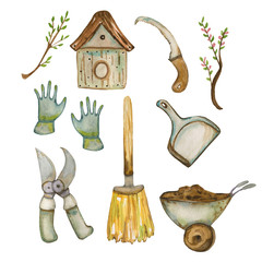 Watercolor illustration of a garden car, birdhouse, secateurs, broom, scoop, saw, gloves, tree branches. Hand-drawn with watercolors and is suitable for all types of design and printing.