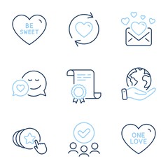 Update relationships, Be sweet and Dating line icons set. Diploma certificate, save planet, group of people. Love mail, Hold heart and One love signs. Valentines letter, Sweet heart. Love set. Vector