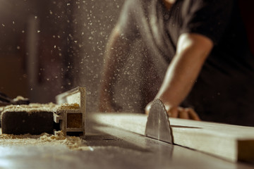 A man cuts wood on a circular saw in a joinery - obrazy, fototapety, plakaty