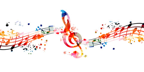 Naklejka premium Colorful music promotional poster with G-clef and music notes isolated vector illustration. Artistic abstract background with music staff for music show, live concert events, party flyer template