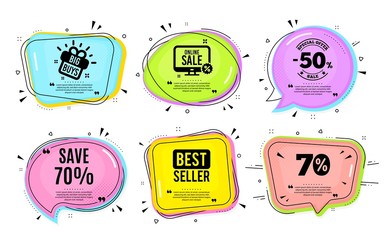 Save 70% off. Big buys, online shopping. Sale Discount offer price sign. Special offer symbol. Quotation bubble. Banner badge, texting quote boxes. Discount text. Coupon offer. Vector