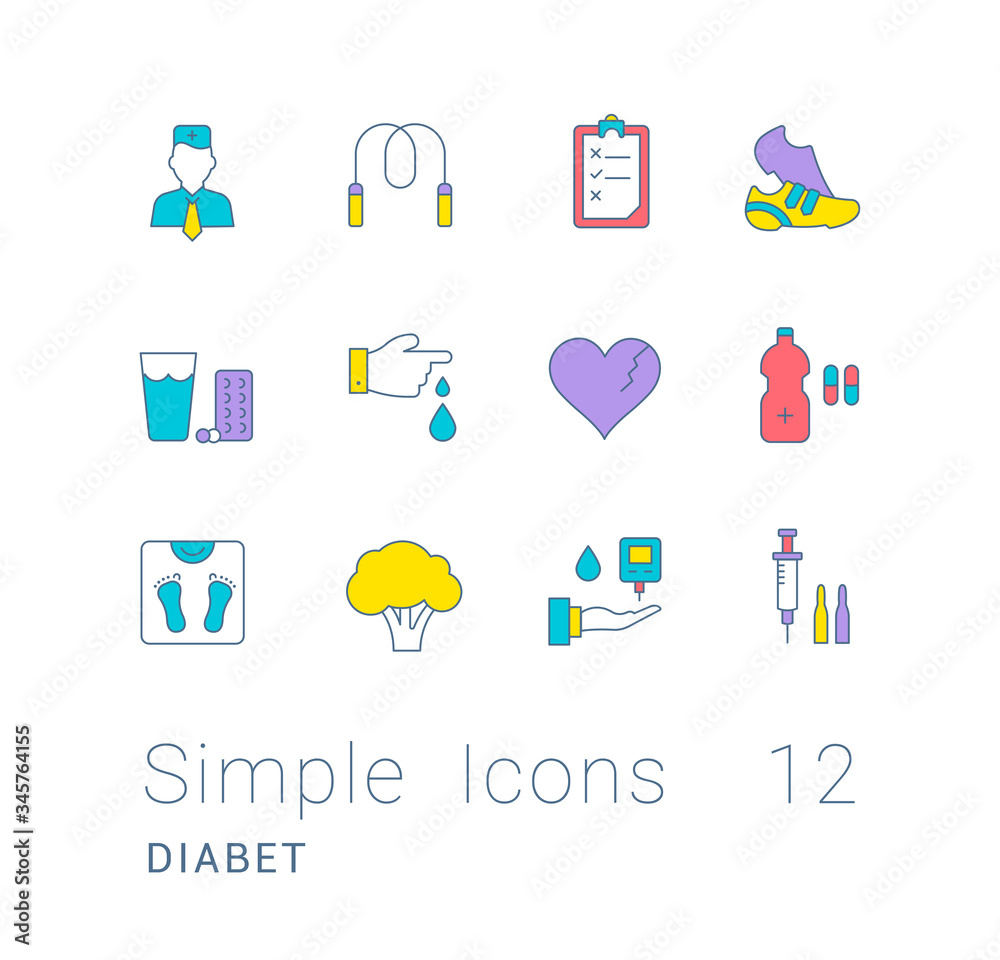 Sticker set of simple line icons of diabet