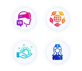 Eco organic, Sunny weather and Augmented reality icons simple set. Button with halftone dots. Hospital nurse sign. Bio ingredients, Hold sun, Virtual reality. Medical assistant. Science set. Vector