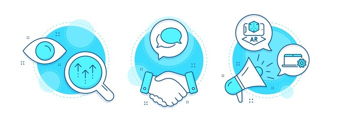 Swipe up, Notebook service and Augmented reality line icons set. Handshake deal, research and promotion complex icons. Messenger sign. Scrolling arrow, Computer repair, Phone simulation. Vector