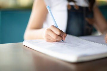 School girl studying selective focus