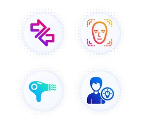 Face detection, Synchronize and Hair dryer icons simple set. Button with halftone dots. Person idea sign. Detect person, Communication arrows, Hairdryer. Lamp energy. Technology set. Vector