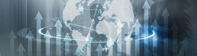 Planet globe 3D Businwss background. Silhouettes against the city background.