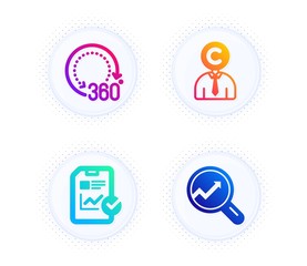 Copyrighter, Report checklist and 360 degrees icons simple set. Button with halftone dots. Analytics sign. Writer person, Sales growth file, Panoramic view. Audit analysis. Science set. Vector