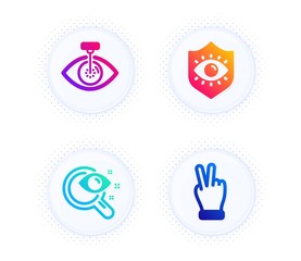 Vision test, Eye protection and Eye laser icons simple set. Button with halftone dots. Victory hand sign. Eyesight check, Optometry, Optometry clinic. Gesture palm. People set. Vector
