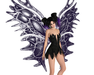 Black fairy with butterfly wings standing. Isolated on white. 3D rendering.