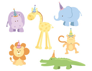 A vector illustration of six cute safari animals wearing birthday party hats: a hippo, giraffe, elephant, lion, monkey, crocodile © Flying Giraffe