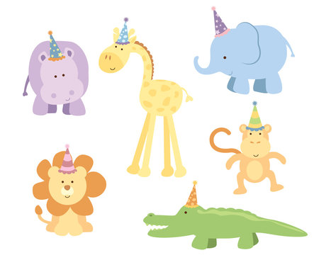 A vector illustration of six cute safari animals wearing birthday party hats: a hippo, giraffe, elephant, lion, monkey, crocodile