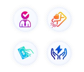 Vacancy, Pay money and Love letter icons simple set. Button with halftone dots. Safe energy sign. Businessman concept, Hold cash, Heart. Thunderbolt. People set. Gradient flat vacancy icon. Vector