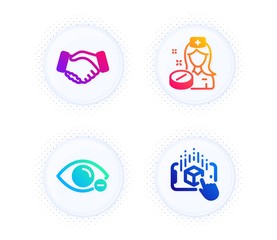 Nurse, Handshake and Myopia icons simple set. Button with halftone dots. Augmented reality sign. Medicine pill, Deal hand, Eye vision. Phone simulation. People set. Gradient flat nurse icon. Vector
