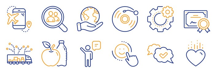 Set of Business icons, such as Vinyl record, Apple. Certificate, save planet. Flight destination, Heart, Approved. Truck delivery, Cogwheel, Search employees. Agent, Smile line icons. Vector