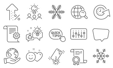 Set of Technology icons, such as Quick tips, Technical documentation. Diploma, ideas, save planet. Smartphone broken, Update time, Idea. Smile, Increasing percent, Internet search. Vector