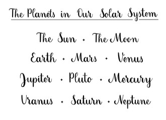 The planets in our solar system. Hand written names of planet. Black vector text elements on white background. Brush calligraphy style