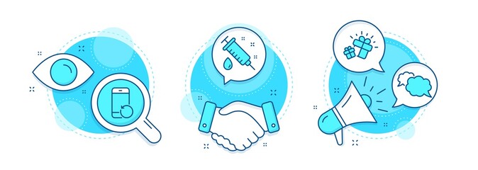 Gift, Medical syringe and Messenger line icons set. Handshake deal, research and promotion complex icons. Recovery phone sign. Marketing box, Vaccination, Speech bubble. Backup smartphone. Vector