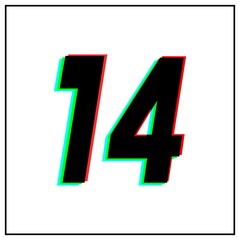 Number 14, fourteen vector desing logo.Dynamic, split-color, shadow of  number red, green, blue in black frame on white background.For social media,design elements, anniversary celebration greeting