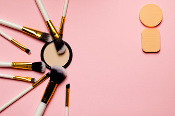 Brushes,make up, sponges,bright, cosmetic, piink, background, beauty, powder,facial,soft,big,care.Everyday make-up tools.