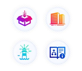 Lighthouse, Get box and Buildings icons simple set. Button with halftone dots. Technical algorithm sign. Navigation beacon, Send package, Town apartments. Project doc. Industrial set. Vector