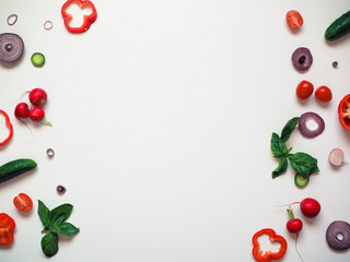 Food frame with fresh vegetables on white background top view space for text