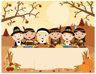 A vector illustration of a scene of the first Thanksgiving celebration with cute Pilgrims and Native Americans sharing dinner at an outdoor table in a fall landscape - obrazy, fototapety, plakaty