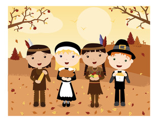 A vector illustration of two cute Pilgrims and two cute Native Americans sharing food for the first Thanksgiving