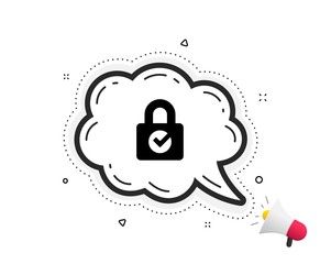 Lock with Check icon. Quote speech bubble. Private locker sign. Password encryption symbol. Quotation marks. Classic password encryption icon. Vector