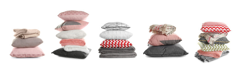 Set of different stacked pillows on white background. Banner design