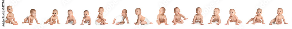 Poster Collage of cute little baby on white background. Banner design