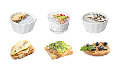 Set of different dishes with chia seeds on white background