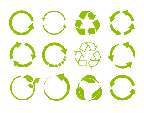 Recycling icon collection. Vector set of green circle arrows isolated on white background. Rotate arrow and spinning loading symbol.  Eco logo concept.