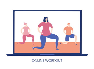 Online fitness training. People working out together. Group fitness training. Young women and a man making lunge exercise. Fitness class with an instructor. Vector flat illustration. 