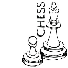 Hand drawn chess king and pawn. Black and white board game pieces. Draft, sketch style isolated objects. Vertical chess lettering.