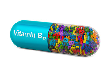 Vitamin capsule B12, cyanocobalamin. 3D rendering