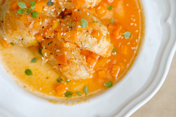 meatballs in orange sauce top view. Meatballs with vegetables. Russian kitchen