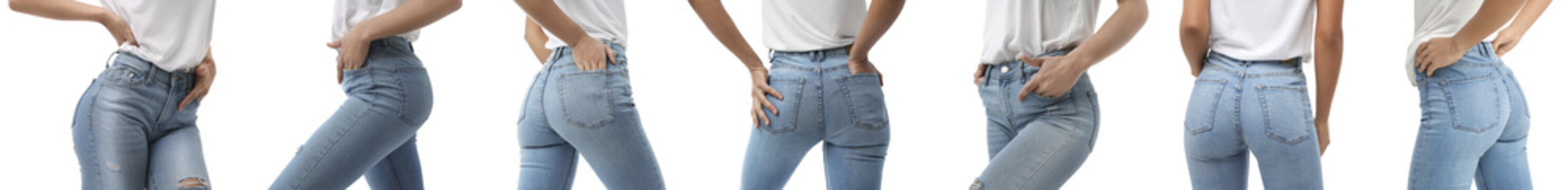 Collage With Woman Wearing Jeans On White Background, Closeup. Banner Design