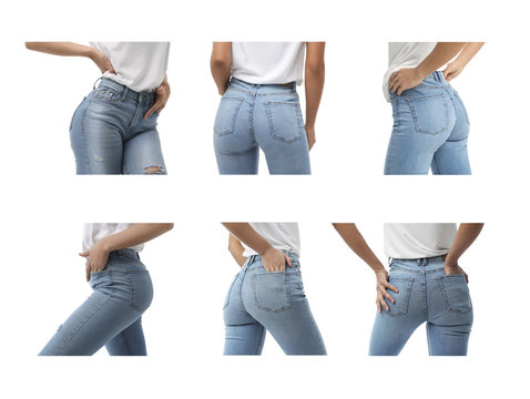 Collage With Woman Wearing Jeans On White Background, Closeup