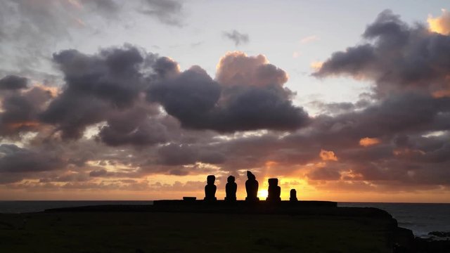 Ancient Moai Statues on the coast of Rapa Nui (Easter Island).