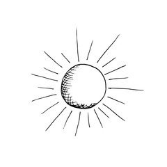Bright sun with rays sketch isolated on white background. Hand drawn vector illustration in doodle style. Good sunny weather, time for walking, tanning, sunbathing, swimming, hello summer.