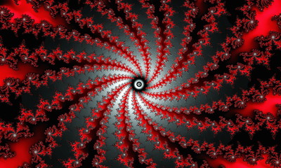 Fractal 3d image, red-black, in the form of patterned lines spiraling in the center